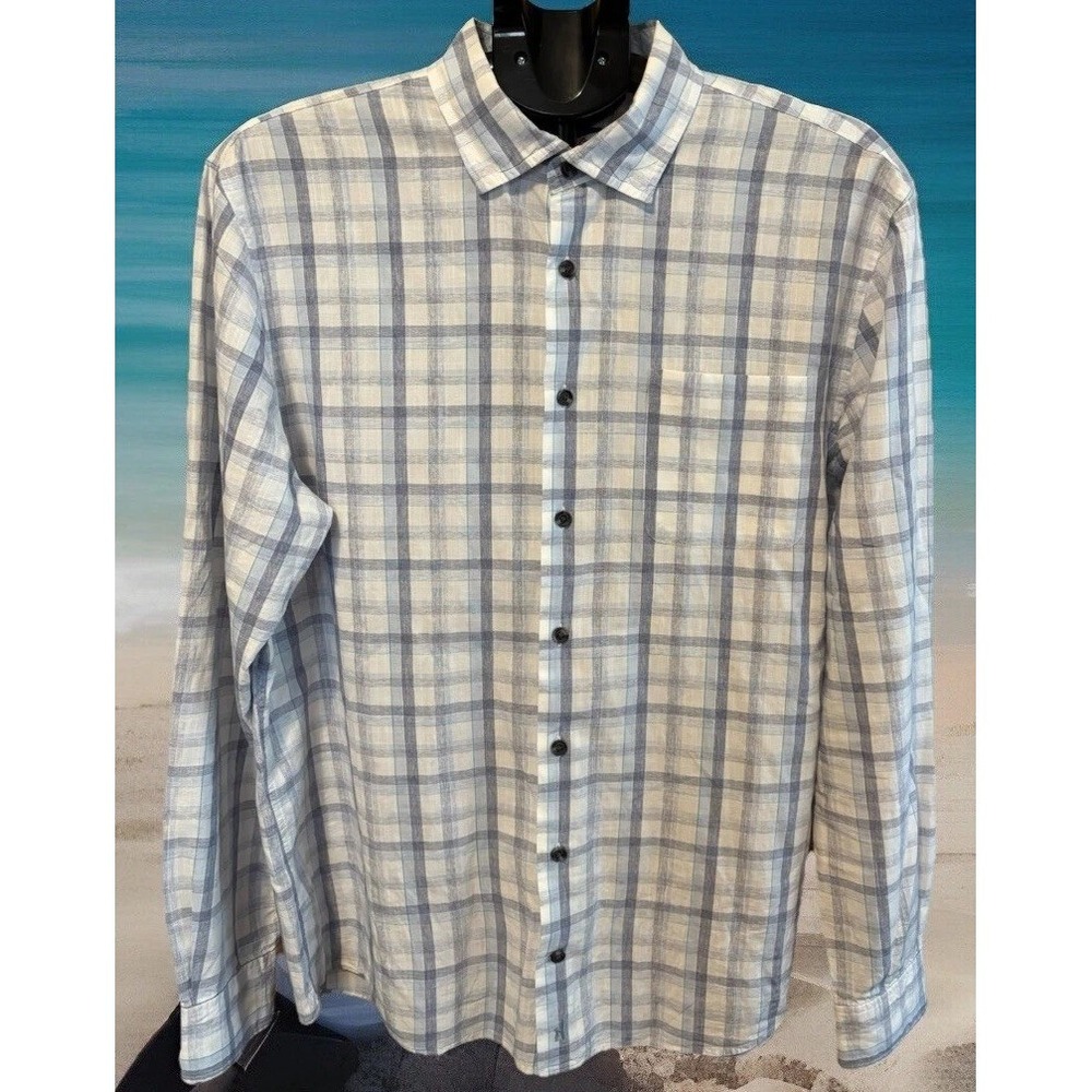 Johnnie-O Hangin Out Shirt Mens L Blue‎ Window Pane Plaid Long Sleeve Button Up